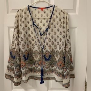 Chelsea and Violet sheer printed boho bell sleeve tassle top